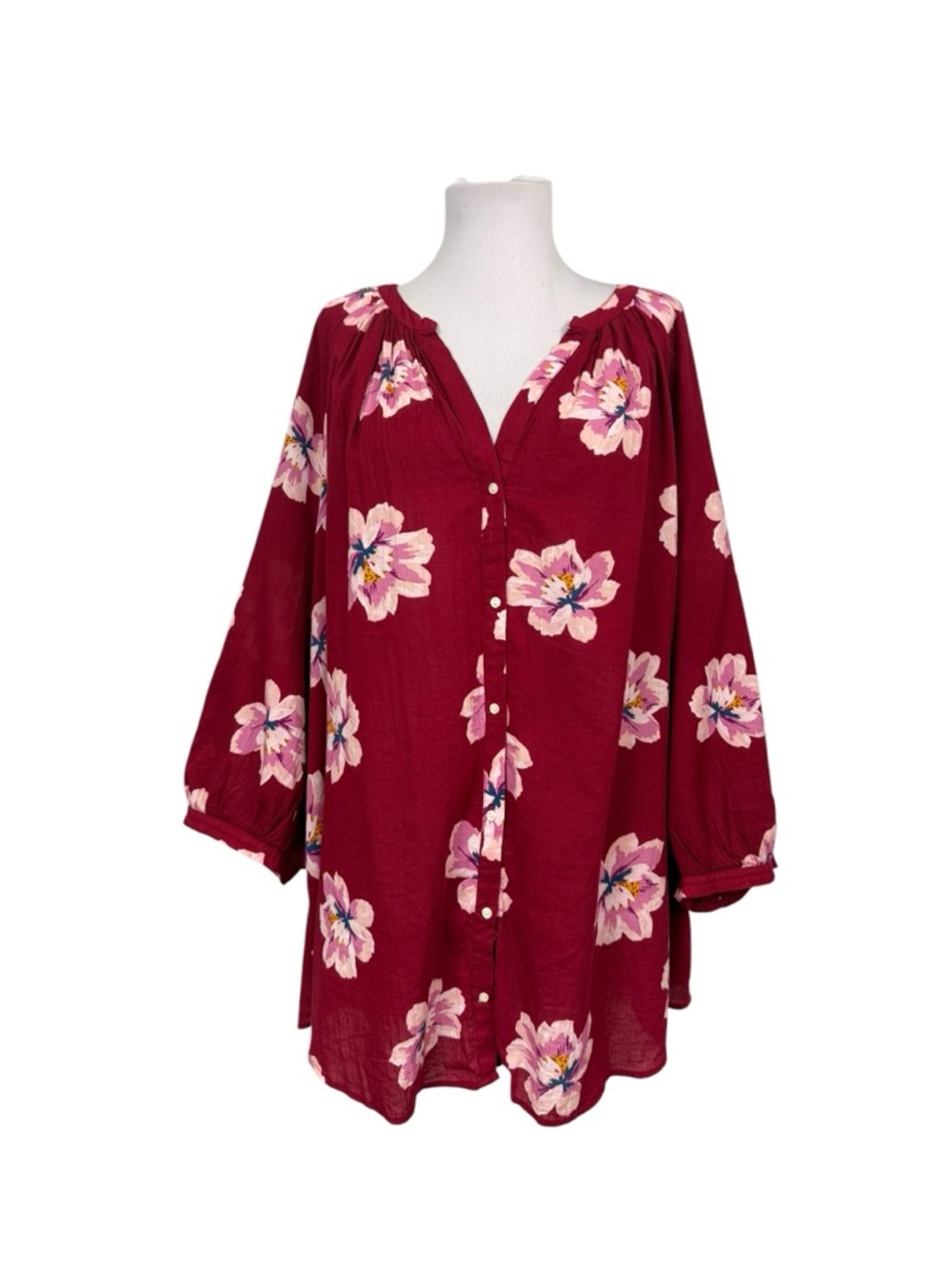 Old Navy Women's 3X Boho Top Button Down Floral 100% Cotton 3/4 Sleeves Burgundy
